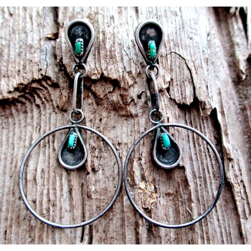 Old Zuni Vintage Sterling Silver Petit Point Turquoise Dangle Hoop Earrings